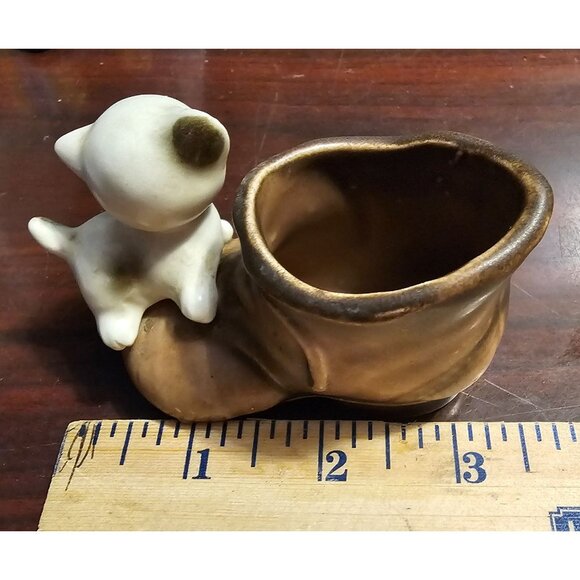 Antique Mid Century Enesco Kitten on Boot Mini Planter Toothpick Holder Trinket - Picture 9 of 11